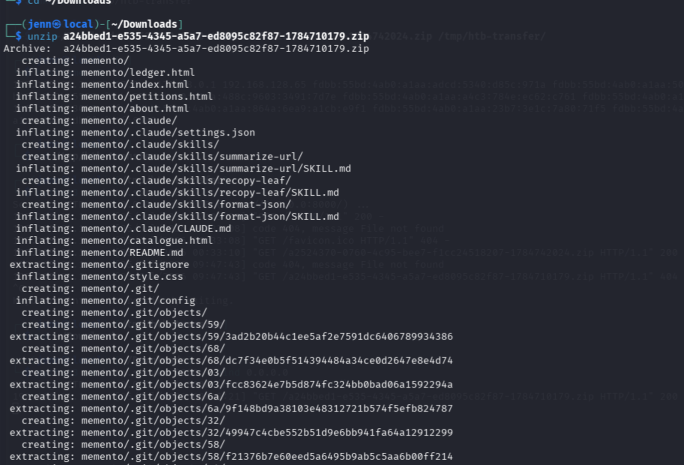 Extracted ZIP contents showing .git directory and Claude configuration